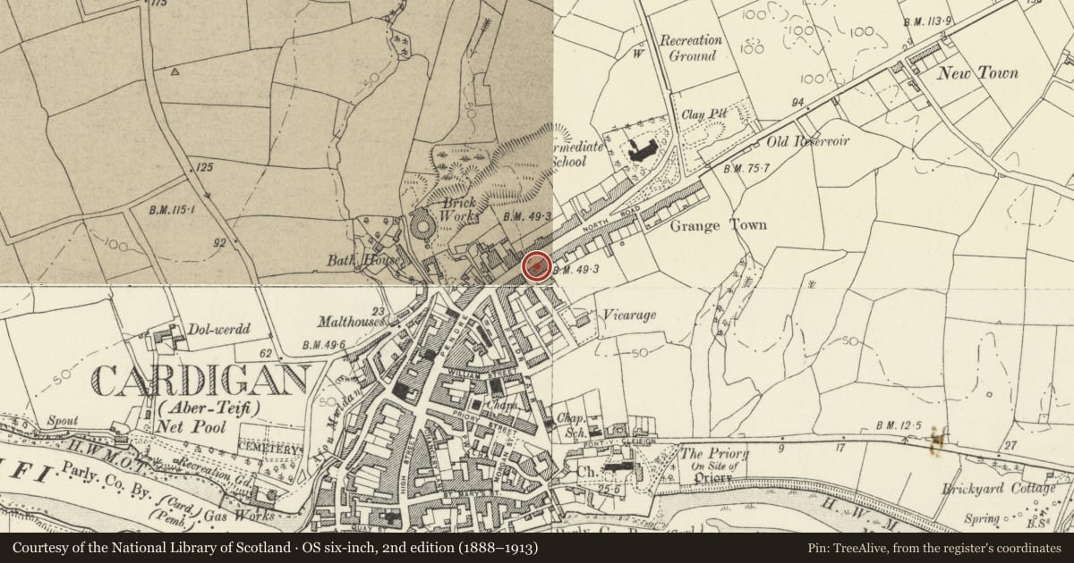 Ordnance Survey six-inch map, 2nd edition (1888–1913) covering the location of 5 Priory Terrace, Cardigan, Ceredigion, with a pin at the register's coordinates