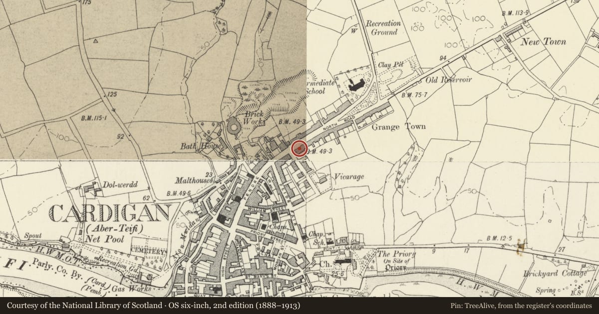 Ordnance Survey six-inch map, 2nd edition (1888–1913) covering the location of 7 Priory Terrace, Cardigan, Ceredigion, with a pin at the register's coordinates