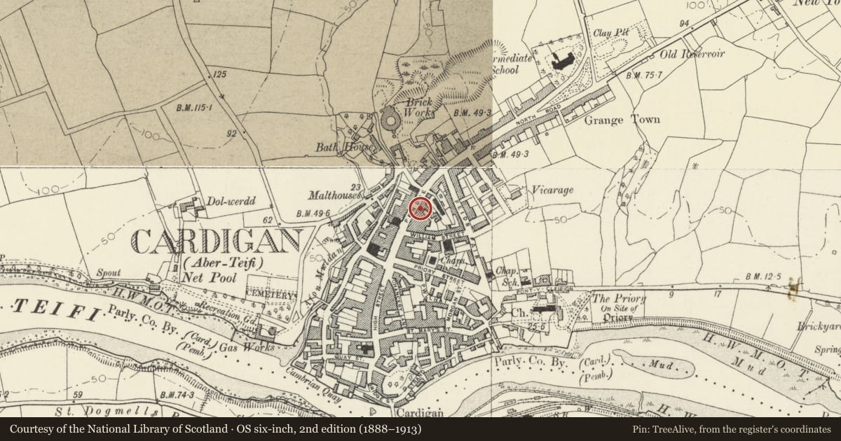Ordnance Survey six-inch map, 2nd edition (1888–1913) covering the location of 45 Pendre, Cardigan, Ceredigion, with a pin at the register's coordinates