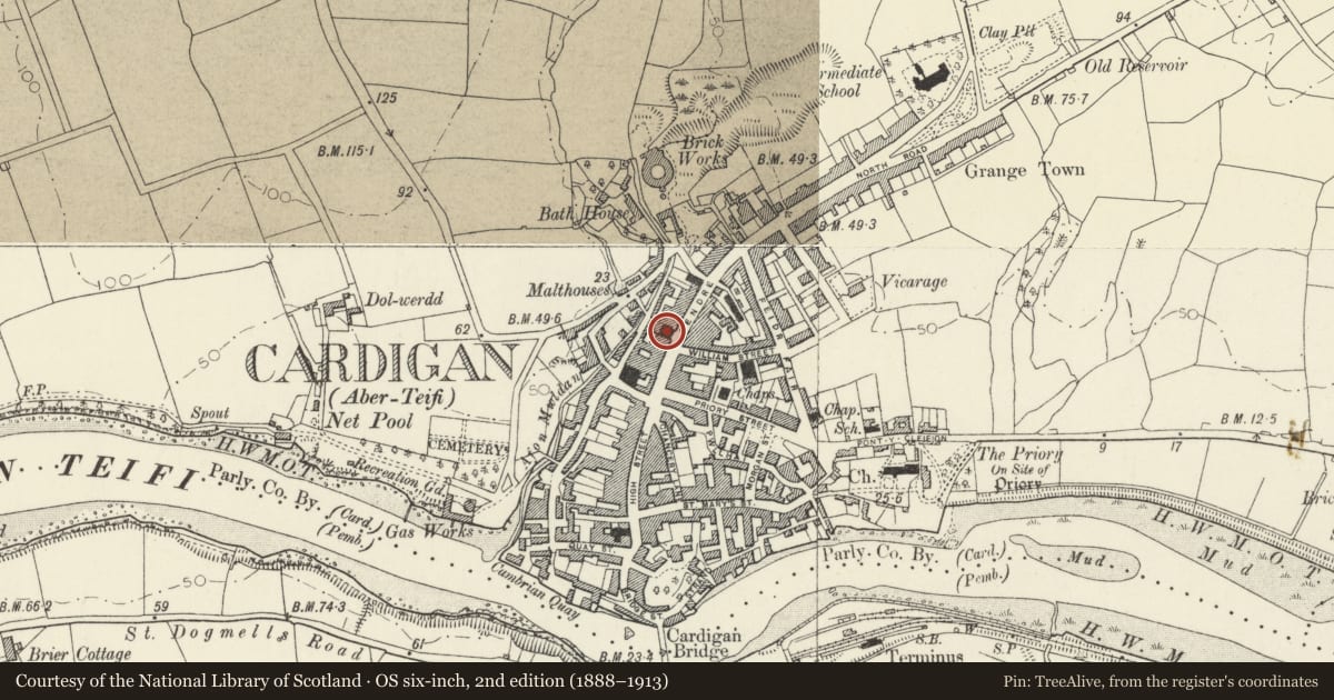 Ordnance Survey six-inch map, 2nd edition (1888–1913) covering the location of Tabernacle Chapel and Caretaker's House, including Forecourt Walls, Gates & Railings, Cardigan, Ceredigion, with a pin at the register's coordinates