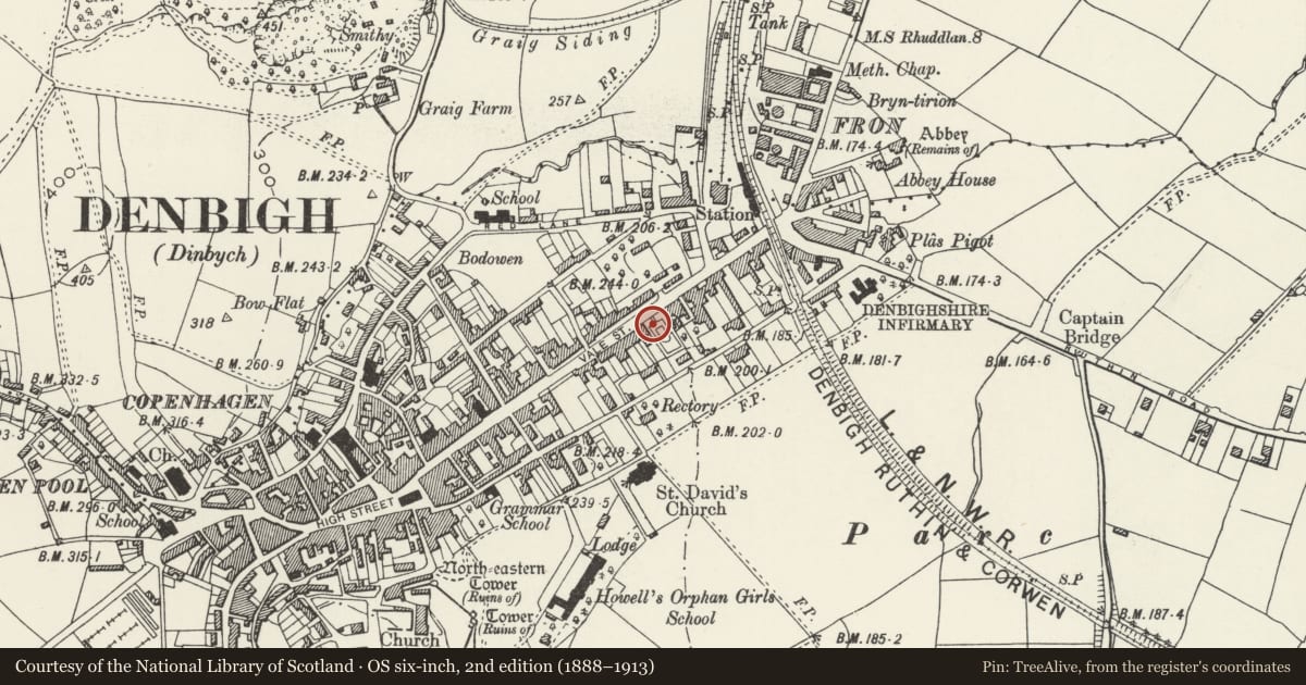Ordnance Survey six-inch map, 2nd edition (1888–1913) covering the location of Jubilee Fountain to the NW of Pierce's Memorial, Denbigh, Denbighshire, with a pin at the register's coordinates