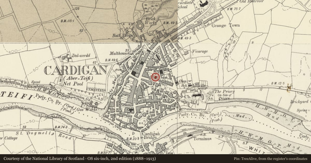 Ordnance Survey six-inch map, 2nd edition (1888–1913) covering the location of Mount Zion Baptist Chapel, Priory Street, Cardigan, Ceredigion, with a pin at the register's coordinates