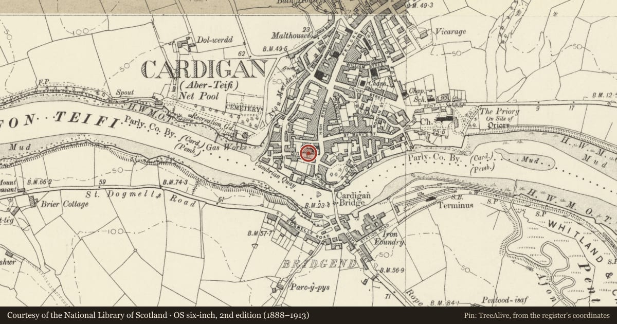 Ordnance Survey six-inch map, 2nd edition (1888–1913) covering the location of 23 Quay Street, Cardigan, Ceredigion, with a pin at the register's coordinates