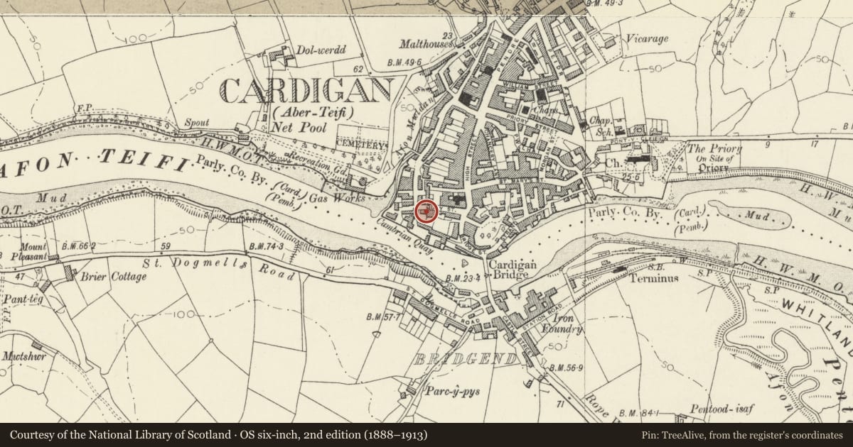 Ordnance Survey six-inch map, 2nd edition (1888–1913) covering the location of 4 Rook Terrace including Forecourt Walls Railings & Gates, Cardigan, Ceredigion, with a pin at the register's coordinates