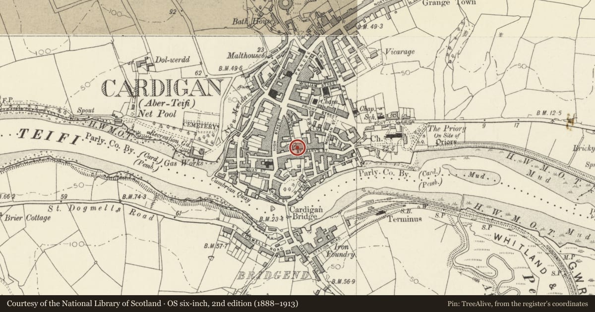 Ordnance Survey six-inch map, 2nd edition (1888–1913) covering the location of 7 St Marys Street, Cardigan, Ceredigion, with a pin at the register's coordinates