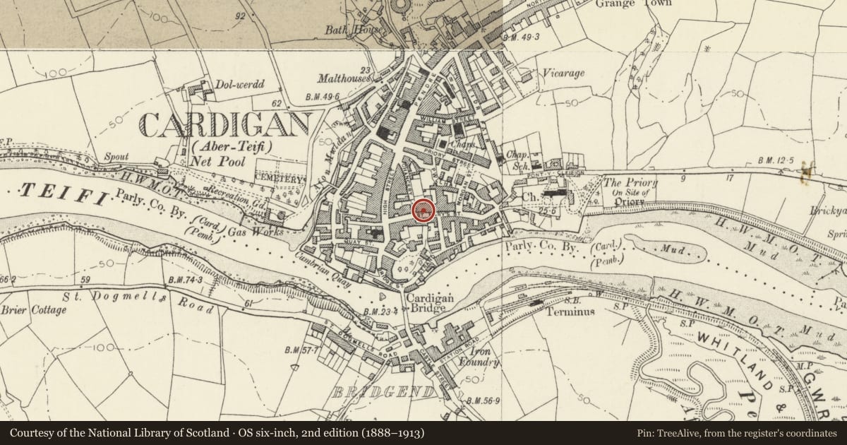 Ordnance Survey six-inch map, 2nd edition (1888–1913) covering the location of 8 St Marys Street, Cardigan, Ceredigion, with a pin at the register's coordinates
