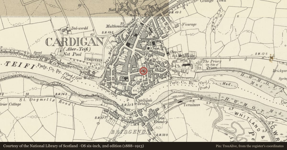 Ordnance Survey six-inch map, 2nd edition (1888–1913) covering the location of 9 St Marys Street, Cardigan, Ceredigion, with a pin at the register's coordinates