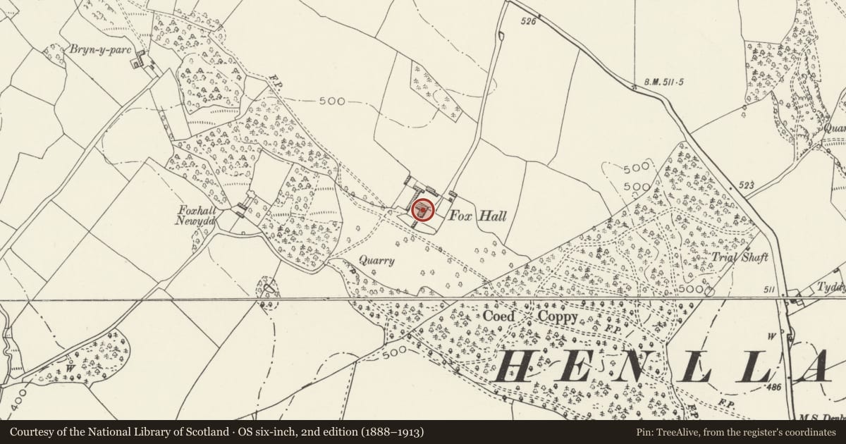 Ordnance Survey six-inch map, 2nd edition (1888–1913) covering the location of Foxhall including adjoining Garden and Yard Walls to the SE and SW, Henllan, Denbighshire, with a pin at the register's coordinates