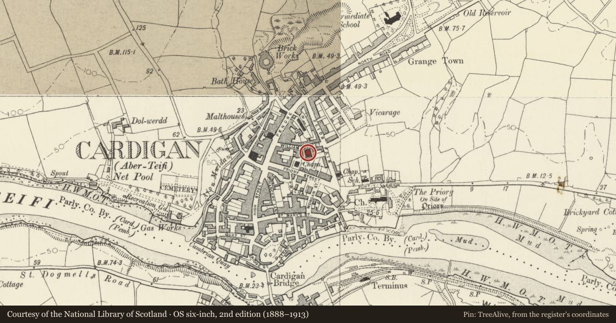 Ordnance Survey six-inch map, 2nd edition (1888–1913) covering the location of Bethania Baptist Chapel, Cardigan, Ceredigion, with a pin at the register's coordinates