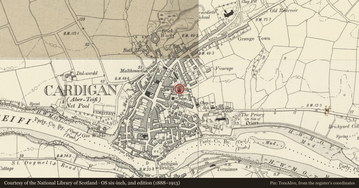 Ordnance Survey six-inch map, 2nd edition (1888–1913) covering the location of Railings gates & gatepiers at Bethania Baptist Chapel, Cardigan, Ceredigion, with a pin at the register's coordinates