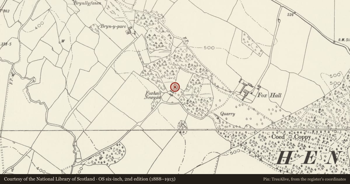 Ordnance Survey six-inch map, 2nd edition (1888–1913) covering the location of Foxhall Newydd, Henllan, Denbighshire, with a pin at the register's coordinates