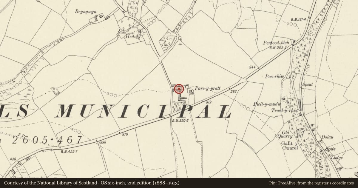 Ordnance Survey six-inch map, 2nd edition (1888–1913) covering the location of Outbuilding to W of Parc-y-Pratt, Cardigan, Ceredigion, with a pin at the register's coordinates