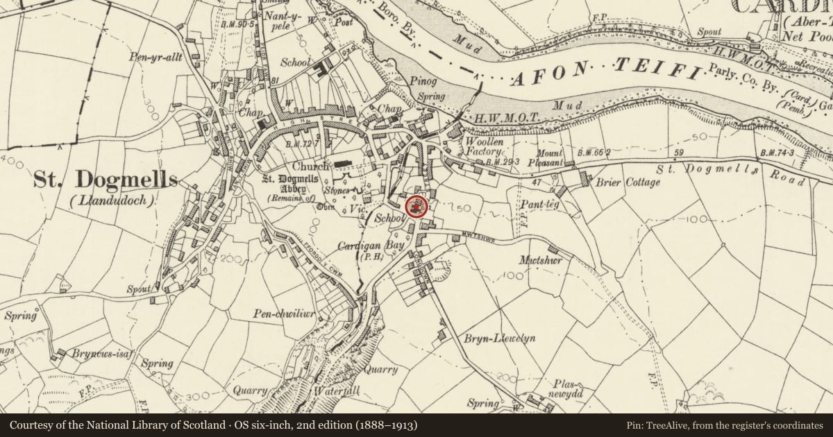 Ordnance Survey six-inch map, 2nd edition (1888–1913) covering the location of The Old School, St. Dogmaels, Pembrokeshire, with a pin at the register's coordinates