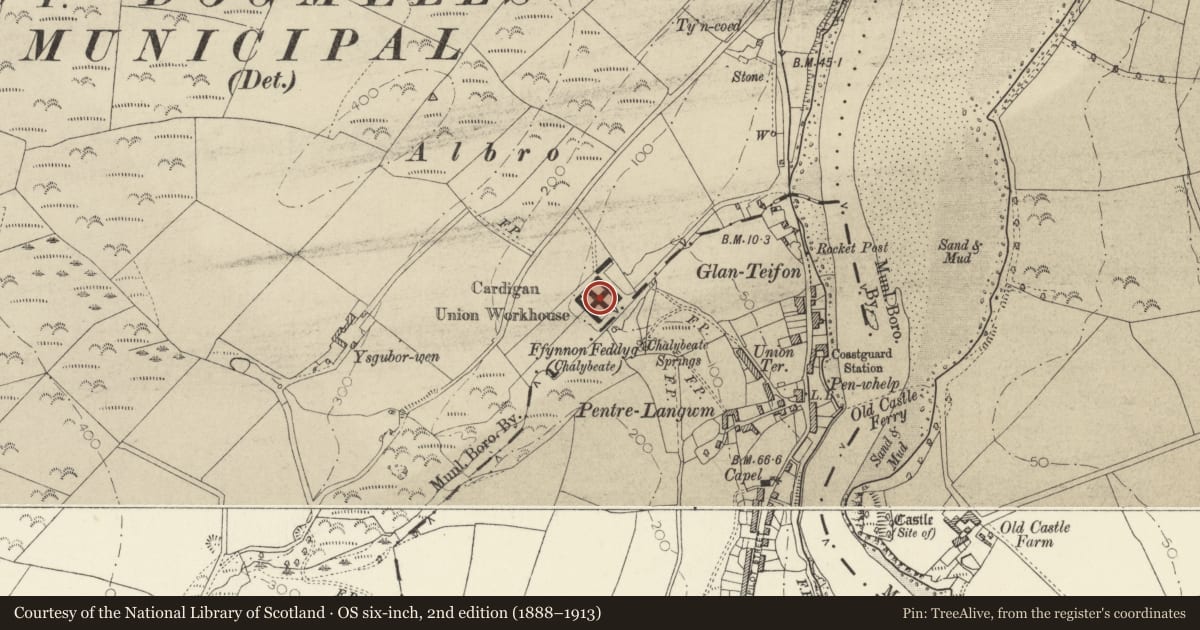 Ordnance Survey six-inch map, 2nd edition (1888–1913) covering the location of Albro Castle, St. Dogmaels, Pembrokeshire, with a pin at the register's coordinates