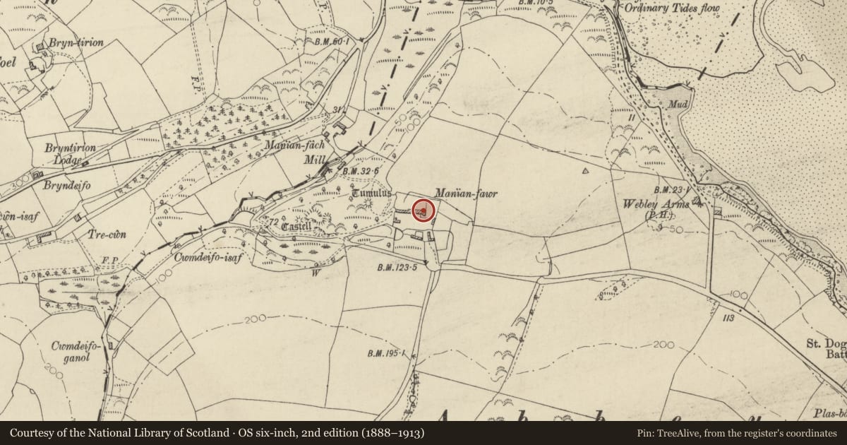 Ordnance Survey six-inch map, 2nd edition (1888–1913) covering the location of Manian Fawr, St. Dogmaels, Pembrokeshire, with a pin at the register's coordinates