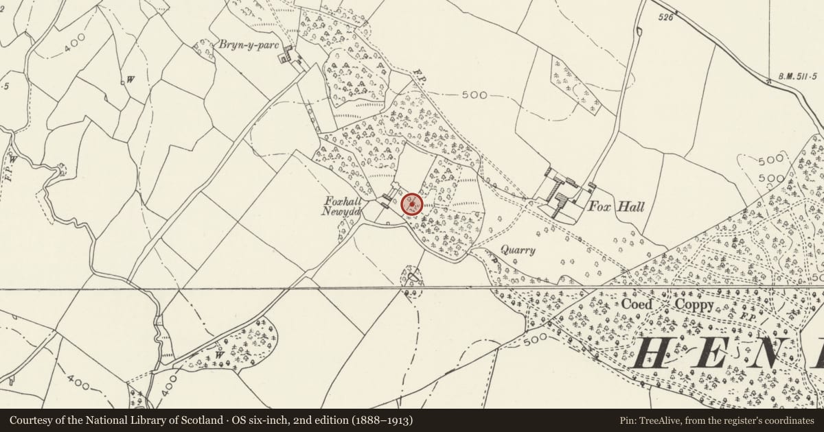 Ordnance Survey six-inch map, 2nd edition (1888–1913) covering the location of Dovecote at Foxhall Newydd including adjoining Walls, Henllan, Denbighshire, with a pin at the register's coordinates
