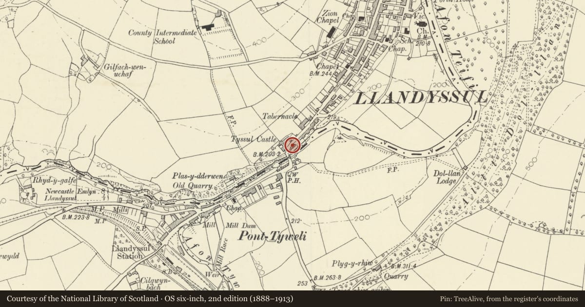 Ordnance Survey six-inch map, 2nd edition (1888–1913) covering the location of 1 Bridge Street, Llandysul, Ceredigion, with a pin at the register's coordinates