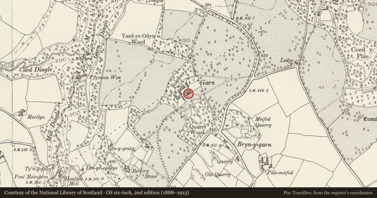 Ordnance Survey six-inch map, 2nd edition (1888–1913) covering the location of Garn, Henllan, Denbighshire, with a pin at the register's coordinates