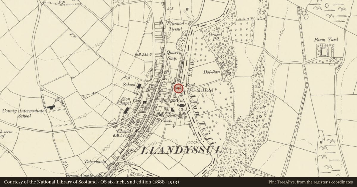 Ordnance Survey six-inch map, 2nd edition (1888–1913) covering the location of Ranges to rear of the Porth Hotel, Llandysul, Ceredigion, with a pin at the register's coordinates