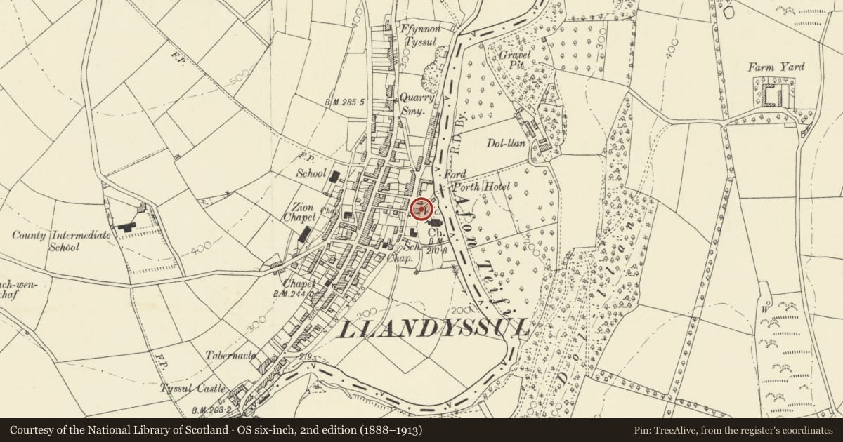 Ordnance Survey six-inch map, 2nd edition (1888–1913) covering the location of Lychgate to Churchyard of Church of St Tysul, Llandysul, Ceredigion, with a pin at the register's coordinates
