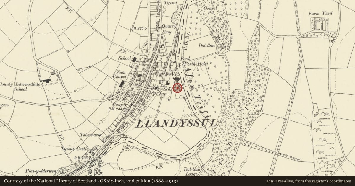 Ordnance Survey six-inch map, 2nd edition (1888–1913) covering the location of Churchyard at St Tysul Church, Llandysul, Ceredigion, with a pin at the register's coordinates