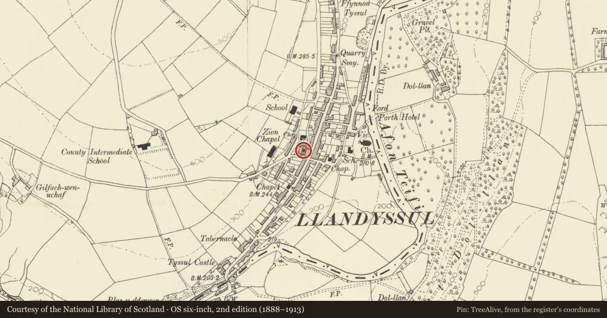 Ordnance Survey six-inch map, 2nd edition (1888–1913) covering the location of No 1 Richmong House, Llandysul, Ceredigion, with a pin at the register's coordinates