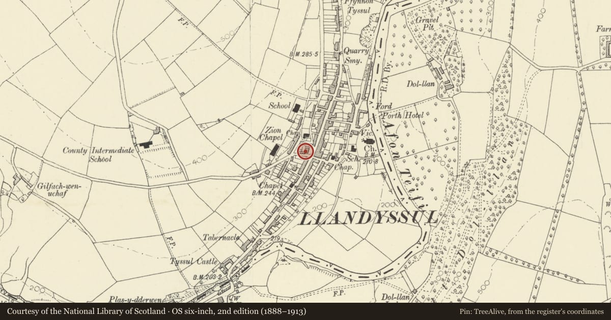 Ordnance Survey six-inch map, 2nd edition (1888–1913) covering the location of No 2 Richmond House, Llandysul, Ceredigion, with a pin at the register's coordinates