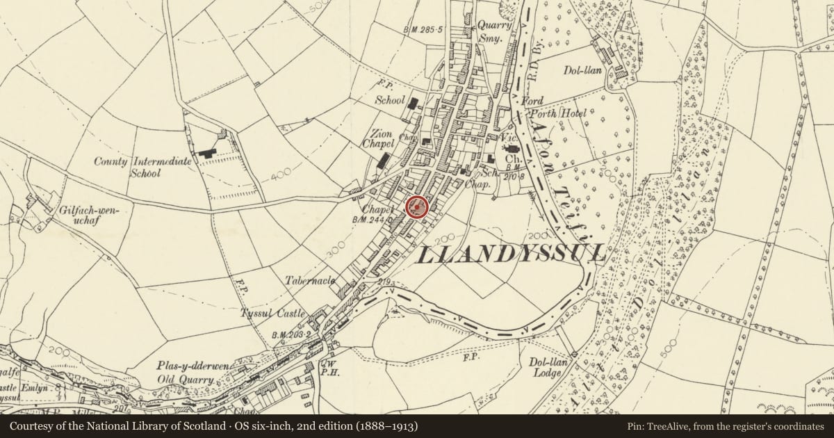Ordnance Survey six-inch map, 2nd edition (1888–1913) covering the location of 3 Lincoln Street, Llandysul, Ceredigion, with a pin at the register's coordinates