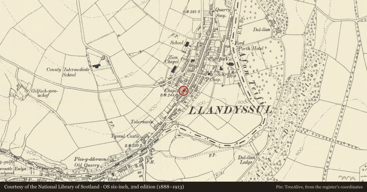 Ordnance Survey six-inch map, 2nd edition (1888–1913) covering the location of Former Ebenezer Chapel, Llandysul, Ceredigion, with a pin at the register's coordinates