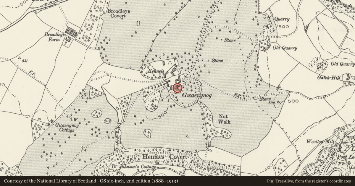 Ordnance Survey six-inch map, 2nd edition (1888–1913) covering the location of Gwaenynog, Denbigh, Denbighshire, with a pin at the register's coordinates