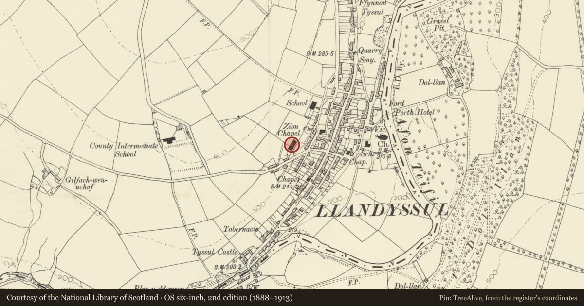 Ordnance Survey six-inch map, 2nd edition (1888–1913) covering the location of Seion Independent Chapel, Llandysul, Ceredigion, with a pin at the register's coordinates