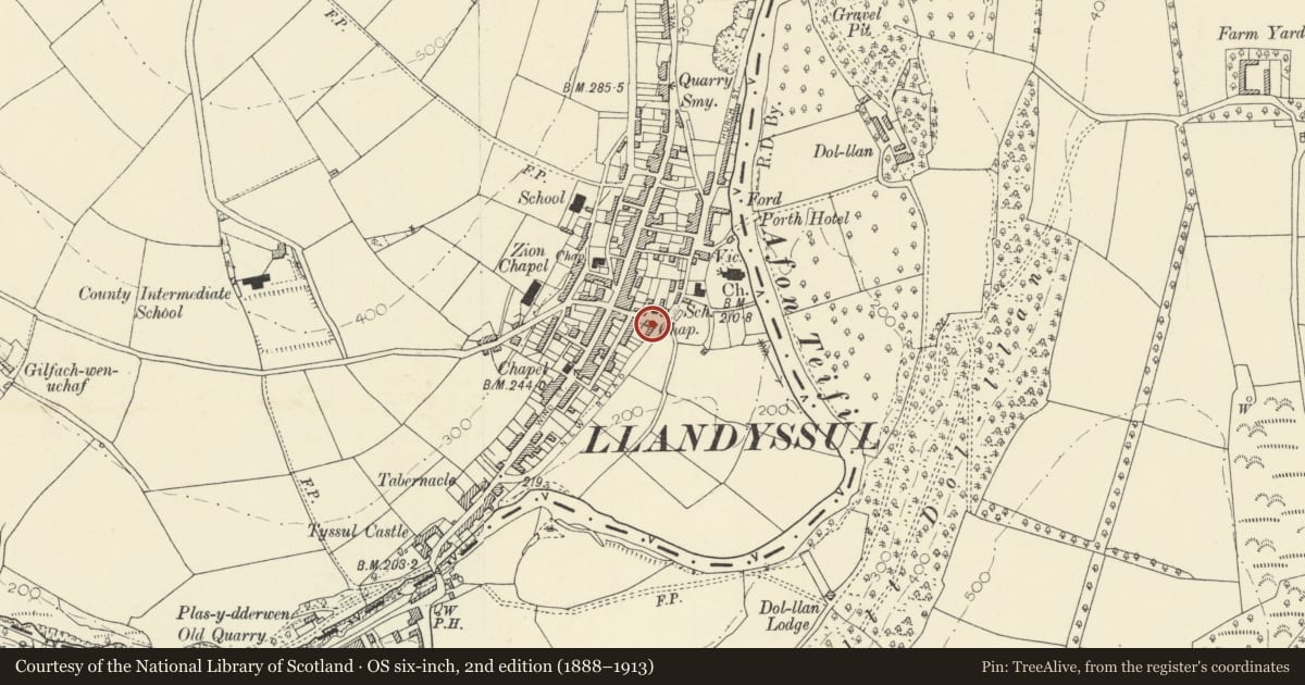 Ordnance Survey six-inch map, 2nd edition (1888–1913) covering the location of Shop adjoining Carreg Llys, Wesley Hill, Llandysul, Ceredigion, with a pin at the register's coordinates