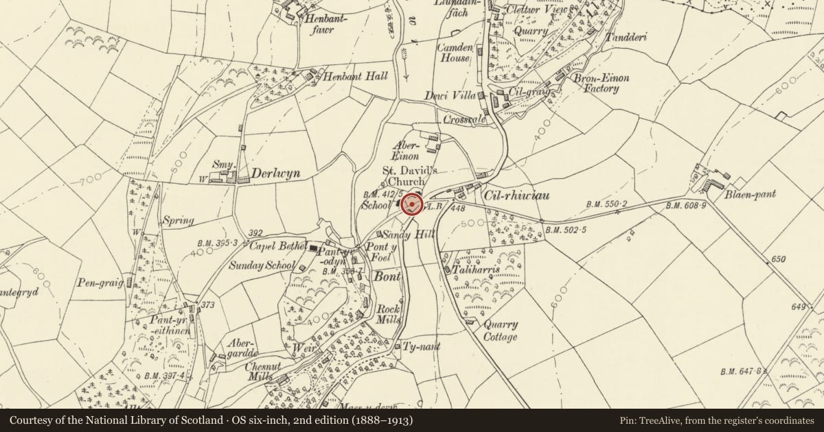 Ordnance Survey six-inch map, 2nd edition (1888–1913) covering the location of Lychgate to Church of St David, Llandysul, Ceredigion, with a pin at the register's coordinates