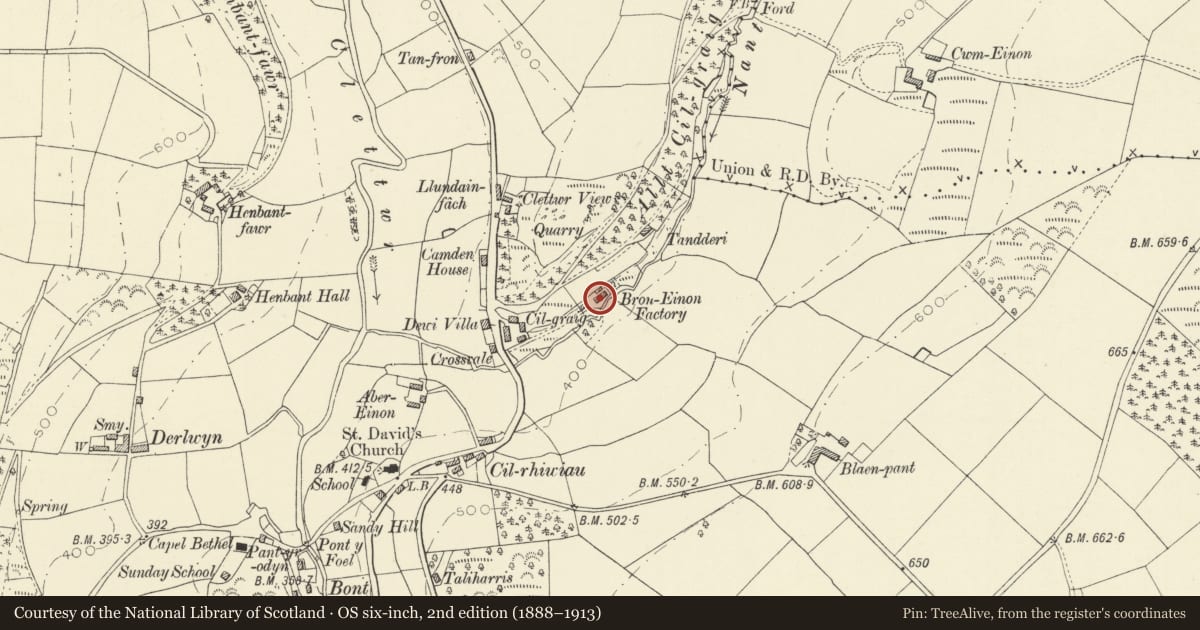 Ordnance Survey six-inch map, 2nd edition (1888–1913) covering the location of Broneinon Mill, Llandysul, Ceredigion, with a pin at the register's coordinates