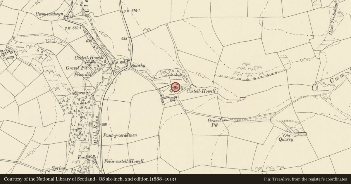 Ordnance Survey six-inch map, 2nd edition (1888–1913) covering the location of Castell Hywel, Llandysul, Ceredigion, with a pin at the register's coordinates