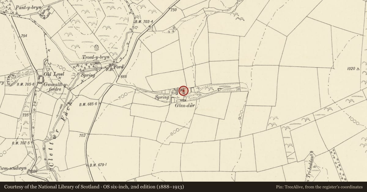 Ordnance Survey six-inch map, 2nd edition (1888–1913) covering the location of Watermill at Glandwr, Llandysul, Ceredigion, with a pin at the register's coordinates