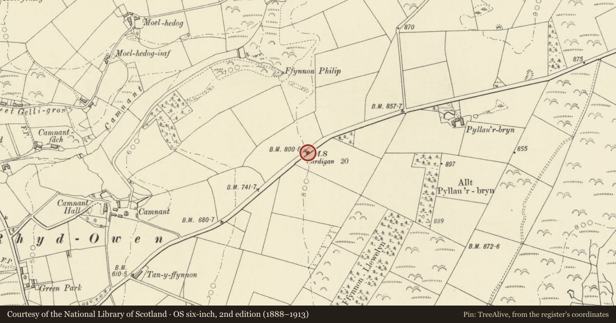 Ordnance Survey six-inch map, 2nd edition (1888–1913) covering the location of Milestone between Rhydowen & Cwmsychbant, Llandysul, Ceredigion, with a pin at the register's coordinates