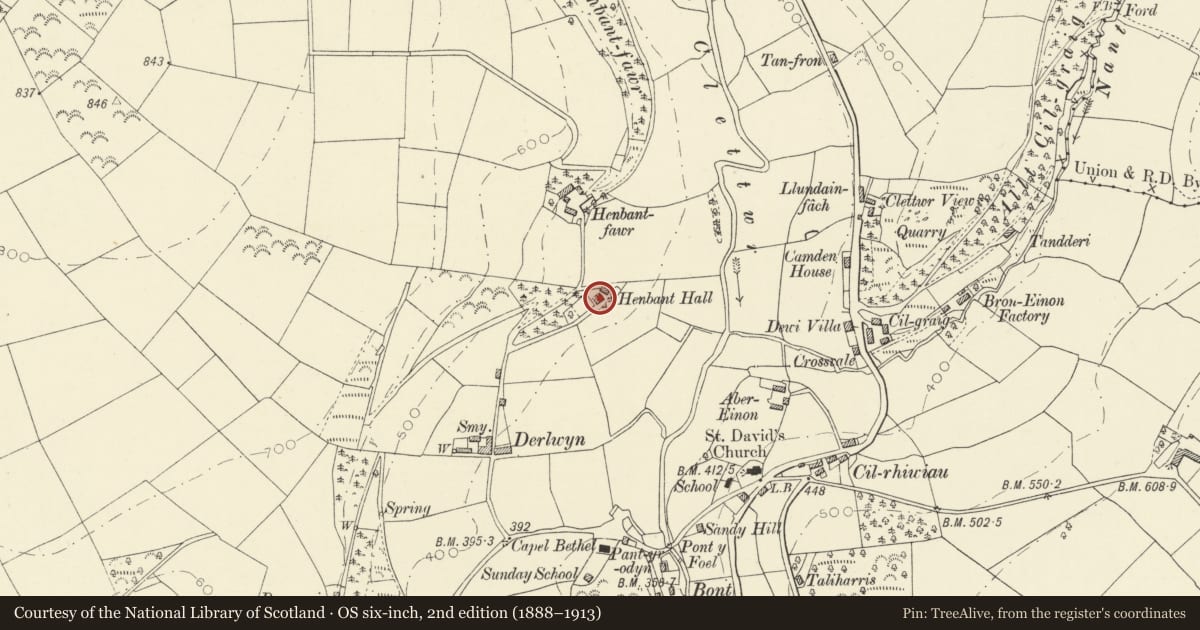 Ordnance Survey six-inch map, 2nd edition (1888–1913) covering the location of Henbant Hall, Henbant, Llandysul, Ceredigion, with a pin at the register's coordinates