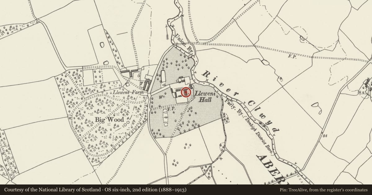 Ordnance Survey six-inch map, 2nd edition (1888–1913) covering the location of Lleweni Hall, including Stables to the NE, Denbigh, Denbighshire, with a pin at the register's coordinates