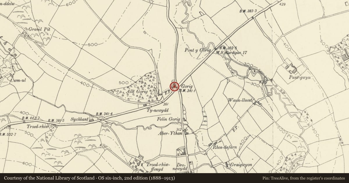 Ordnance Survey six-inch map, 2nd edition (1888–1913) covering the location of Gorrig Farmhouse, Llandysul, Ceredigion, with a pin at the register's coordinates