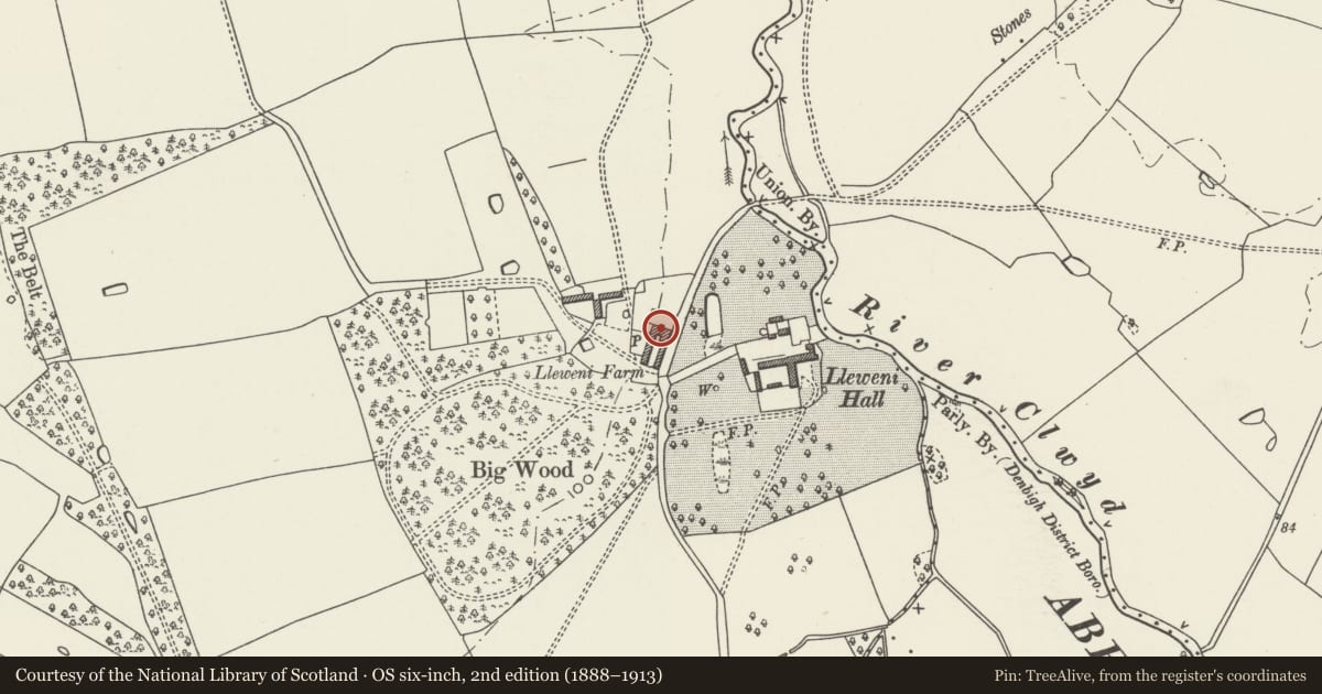 Ordnance Survey six-inch map, 2nd edition (1888–1913) covering the location of Carriage Yard to west of Lleweni Hall, Denbigh, Denbighshire, with a pin at the register's coordinates