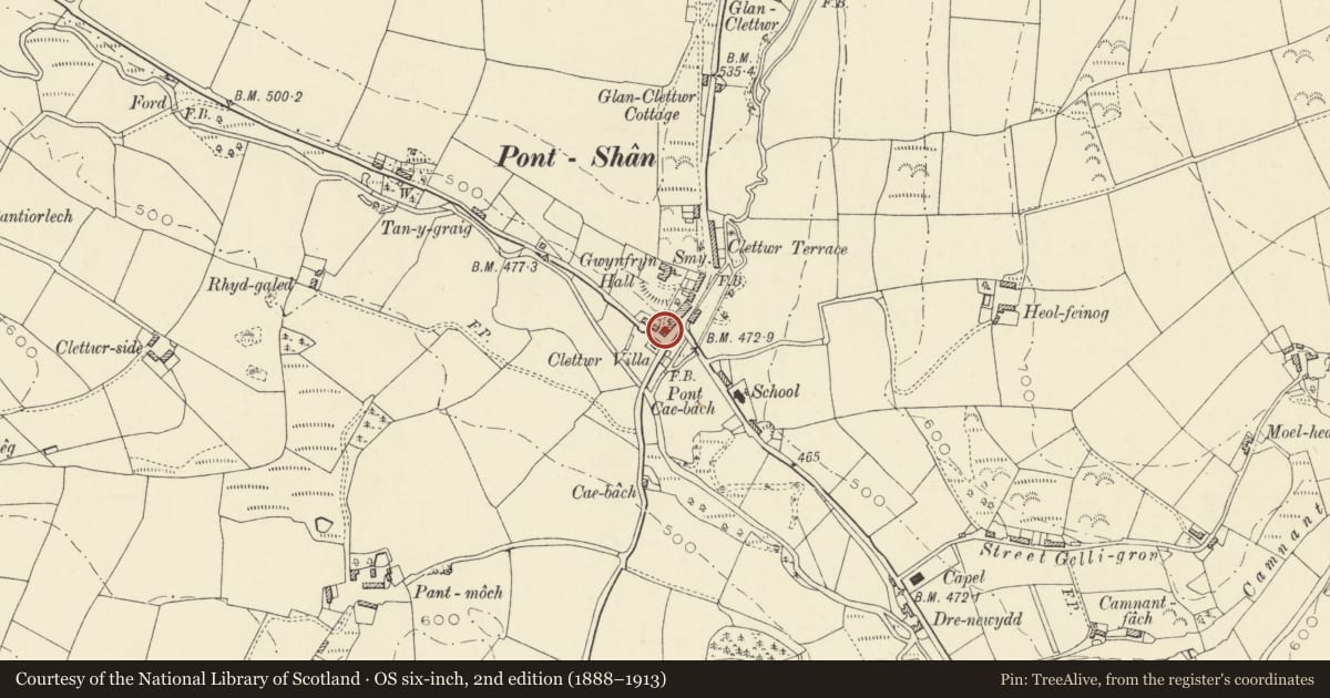 Ordnance Survey six-inch map, 2nd edition (1888–1913) covering the location of Dolydd, Llandysul, Ceredigion, with a pin at the register's coordinates