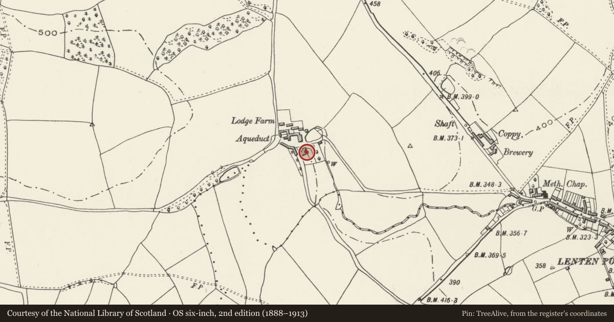 Ordnance Survey six-inch map, 2nd edition (1888–1913) covering the location of Lodge Farm (farmhouse), Denbigh, Denbighshire, with a pin at the register's coordinates
