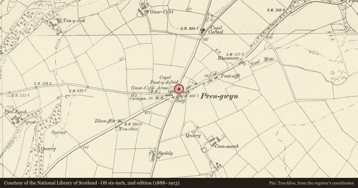 Ordnance Survey six-inch map, 2nd edition (1888–1913) covering the location of Capel Pantdefaid, Llandysul, Ceredigion, with a pin at the register's coordinates