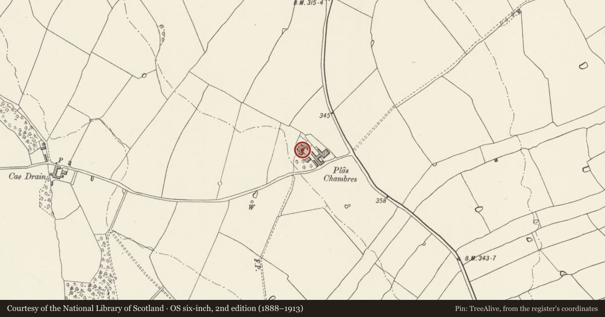 Ordnance Survey six-inch map, 2nd edition (1888–1913) covering the location of Plas Chambres, including adjoining forecourt and garden walls, Denbigh, Denbighshire, with a pin at the register's coordinates