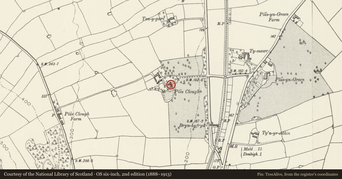 Ordnance Survey six-inch map, 2nd edition (1888–1913) covering the location of Plas Clough, Denbigh, Denbighshire, with a pin at the register's coordinates
