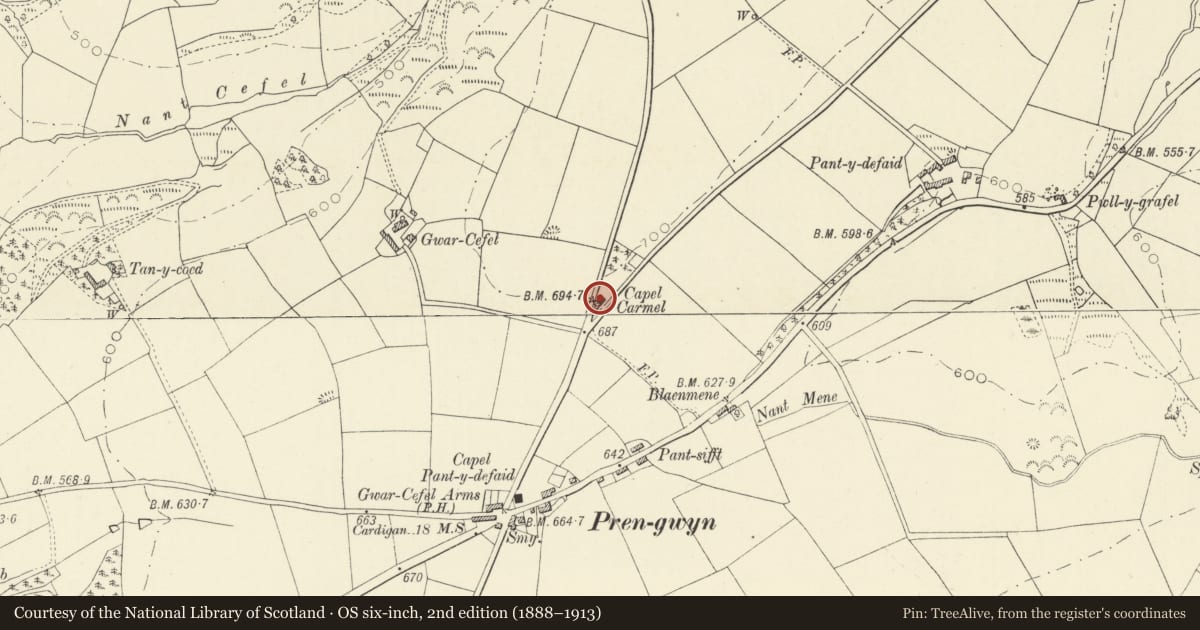 Ordnance Survey six-inch map, 2nd edition (1888–1913) covering the location of Capel Carmel, Llandysul, Ceredigion, with a pin at the register's coordinates