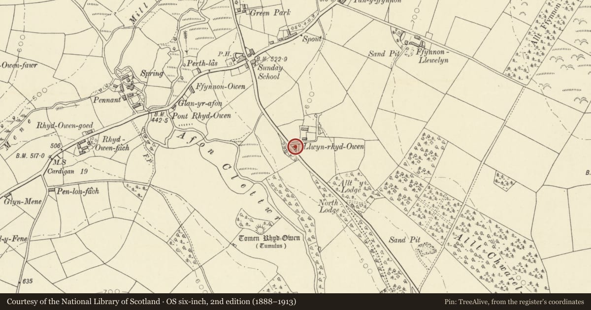 Ordnance Survey six-inch map, 2nd edition (1888–1913) covering the location of Llwyn Smithy, Llandysul, Ceredigion, with a pin at the register's coordinates