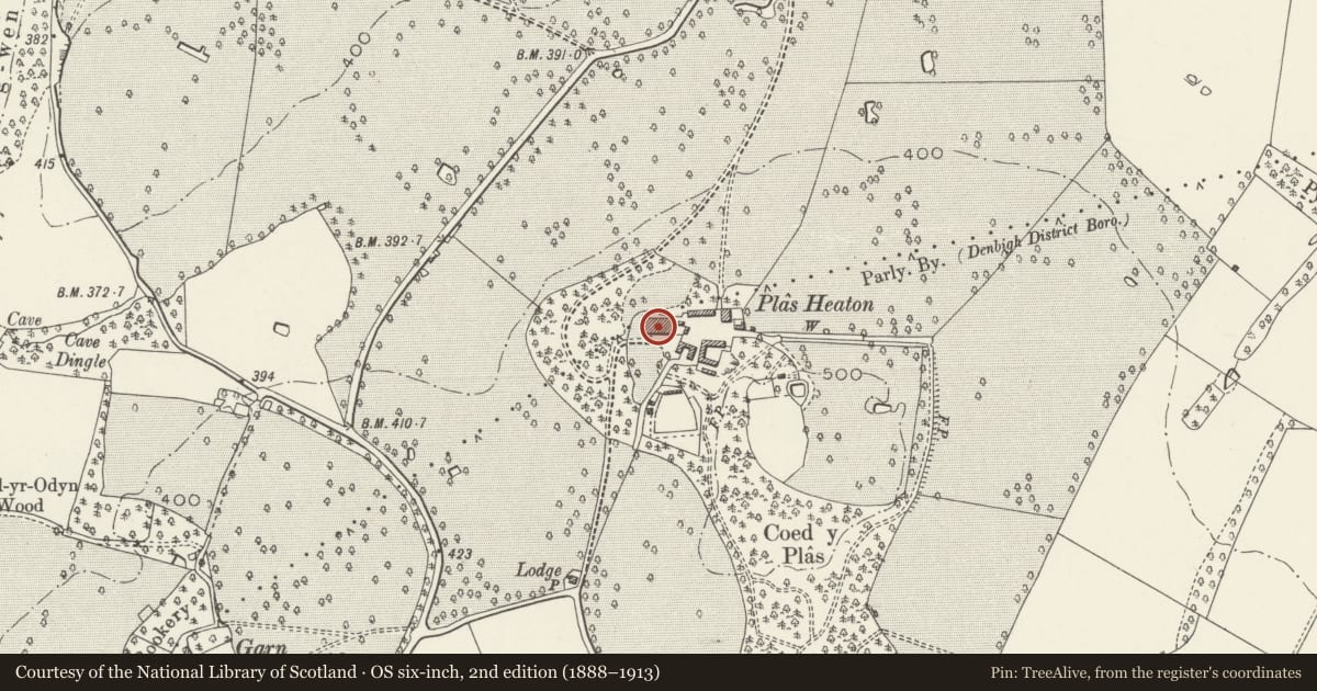 Ordnance Survey six-inch map, 2nd edition (1888–1913) covering the location of Plas Heaton, Henllan, Denbighshire, with a pin at the register's coordinates