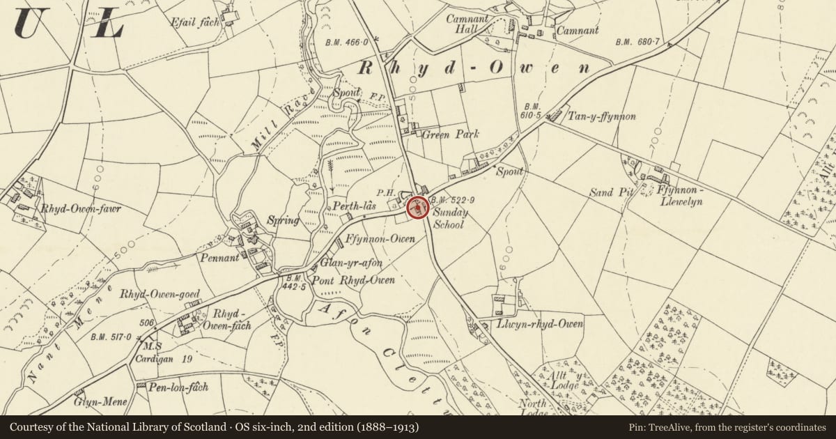 Ordnance Survey six-inch map, 2nd edition (1888–1913) covering the location of Capel Llwynrhydowen (Old Chapel), Llandysul, Ceredigion, with a pin at the register's coordinates
